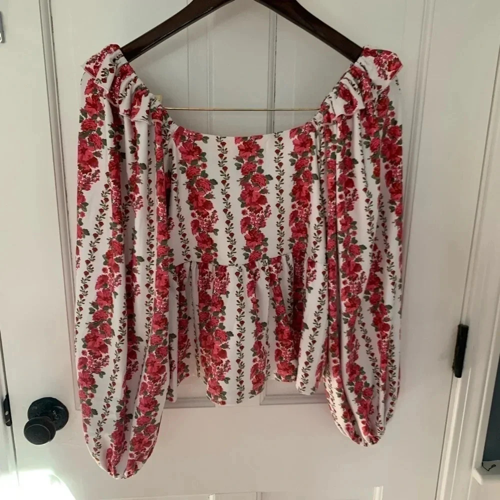 Smith & Quinn Floral Peplum Top Pink Puff Sleeve Romantic XS - Picture 3 of 4